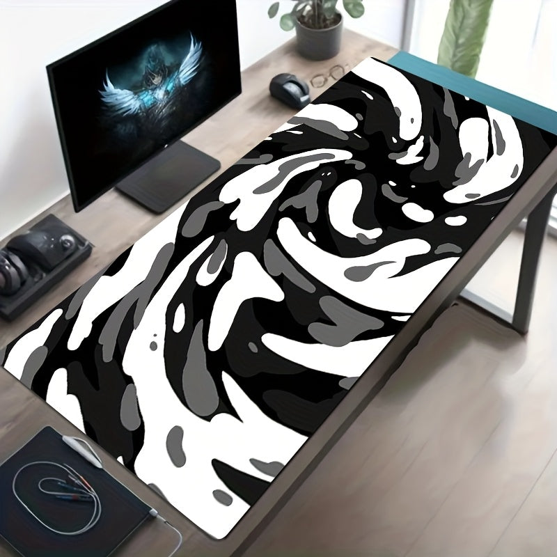 1pc Large Abstract Twisted Swirl Digital Print Mouse Pad & Desk Mat - Non-Slip Washable Polyester Gaming Surface with Wrist Support, Black White Gray Swirl Design for PC, Laptop, Office - Gamer Gift, Mouse Pads for Desk