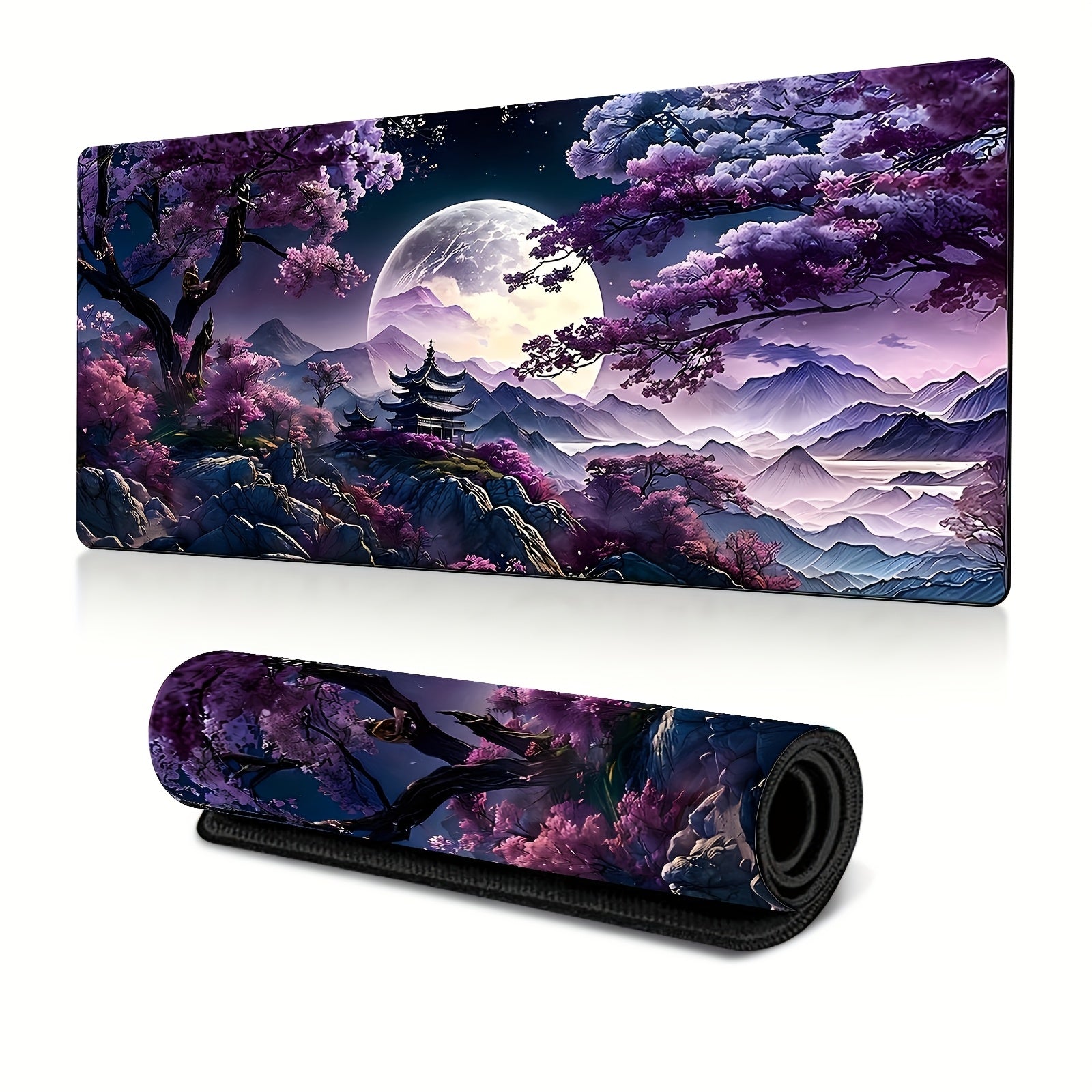 Large Cherry Blossom Landscape Mouse Pad & Gaming Desk Mat - Non-Slip Rubber Base, Thick Stitched Edges, Vibrant Night Sky Mountain Moon Design for Home Office & Gaming, Durable Gift for Birthdays Christmas (No Battery Needed), Large Gaming Mouse Pad, Non