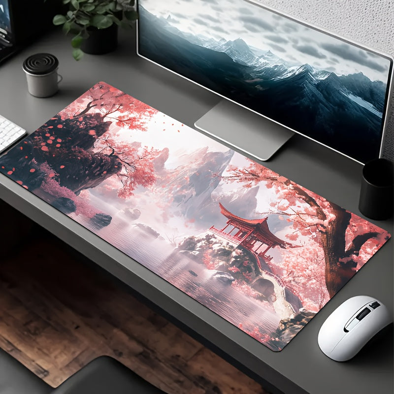 1pc Large Chinese Ink Painting Desk Mat - Non-Slip Rubber Base, Ergonomic Wrist Support, Cherry Blossoms, Pagodas, Misty Mountains - Traditional Asian Art Mouse Pad for Office, Gaming, Home - Compatible with PC, Laptop, Tablet - Ideal Gift for Artists & A 30x60cm(11.8x23.6in)