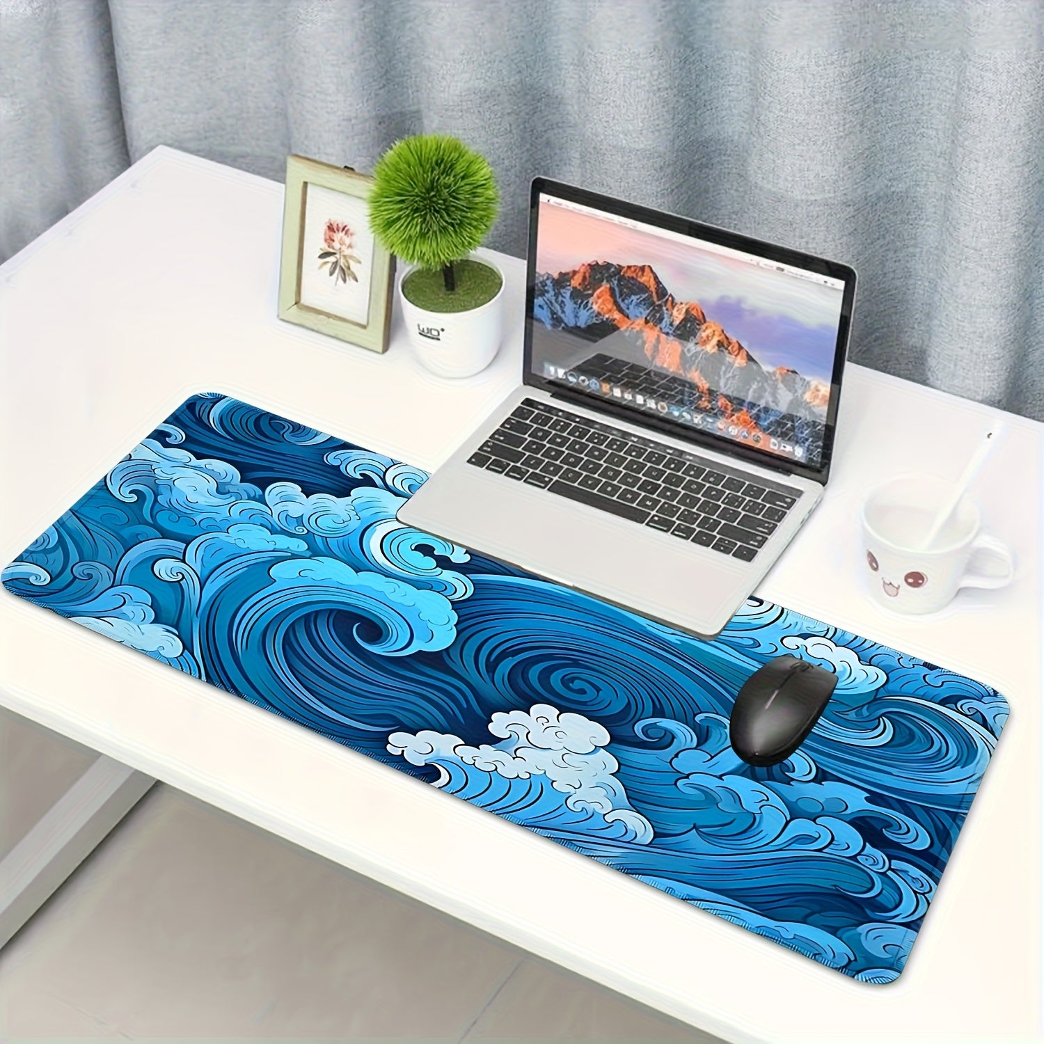 [Gaming Mouse Pad] Extra-Large Blue Ocean Waves Gaming Mouse Pad - Non-Slip, Waterproof, Thick Rubber Desk Mat for Office and Home Use, 90cm x 35.4inch, Vibrant Wave Design, Smooth Surface for Precision Control, Mouse Pads for Desk