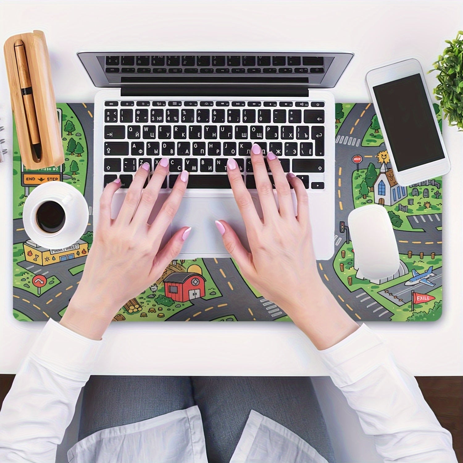 1pc Cartoon City Street Large Mouse Pad - Ultra-Smooth Desk Mat with Stitched Edges, Non-Slip Waterproof Rubber Base, Vibrant Urban Map Design for Office and Home Workspace Setup, Mouse Pads for Desk