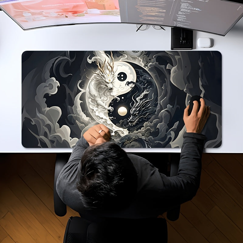 Large Gaming Mouse Pad with Yin-Yang Dragon & Tai Chi Design - Non-Slip Rubber Base, Polyester Surface Desk Mat for Office, Gaming, Home - Ideal Gift for Gamers, Students, Professionals - Asian Martial Arts Inspired Aesthetic Desk Accessory