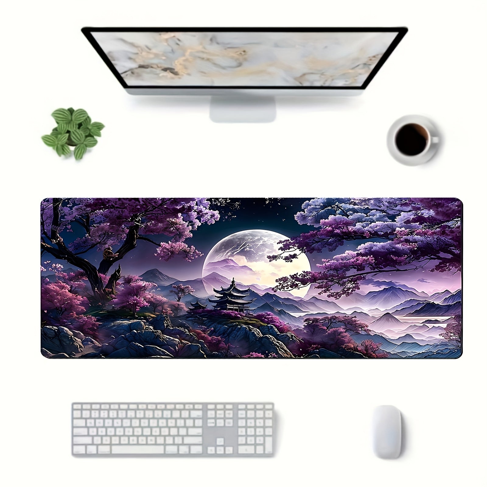 Large Cherry Blossom Landscape Mouse Pad & Gaming Desk Mat - Non-Slip Rubber Base, Thick Stitched Edges, Vibrant Night Sky Mountain Moon Design for Home Office & Gaming, Durable Gift for Birthdays Christmas (No Battery Needed), Large Gaming Mouse Pad, Non