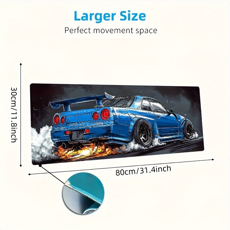 Blue Sports Car Design Mouse Pad - a Large Gaming And Office Laptop Mat Made of Durable Polyester, The Perfect Birthday Or Christmas Gift for Gamers, Desk Mouse Pad. 30x80cm(11.8x31.4in)