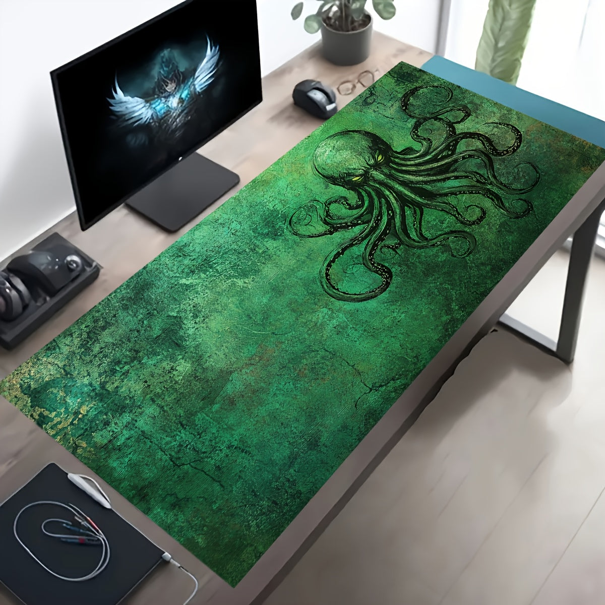 1pc Extra Large Cthulhu Mouse Pad & Desk Mat - Non-Slip Rubber Base, Durable Polyester Surface with Ergonomic Wavy Edges, Vibrant Green Octopus Tentacle Lovecraftian Artwork for Office, Gaming, Home Desk - Horror Literature Fan Gift, Workspace Setup, Stur
