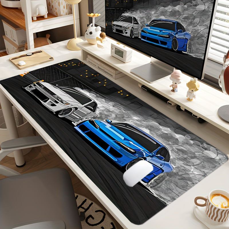 Drift S13 And S15 JDM Car Large Mouse Pad - Non-Slip Rubber Base, Stitched Edge, 31.5*15.7in, Black, For Gaming, Work, Office, Home, 1pc