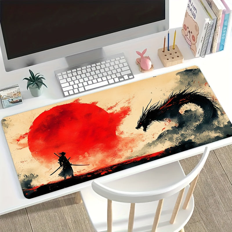 1pc Extra Large Samurai Gaming Mouse Pad - Non-Slip Surface, Vibrant Red Sun & Warrior Design, Durable Polyester & Rubber Base, Perfect for Office & Gaming Setup, Ideal Gift for Christmas & Halloween, Gaming Mouse Pad 30x70cm (11.8x27.5in)