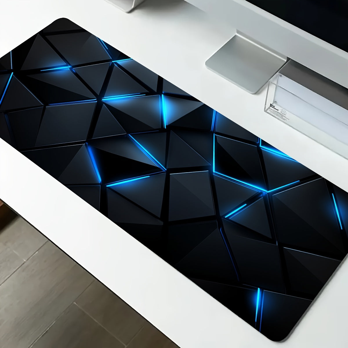 Large Tech-Themed 3D Gaming Mouse Pad with Blue Geometric Design, Non-Slip Rubber Base, Precision Edges - Futuristic Desk Mat for Laptop & Keyboard, Office Accessory, Mouse Pads for Desk 30x80cm(11.8x31.5inch)
