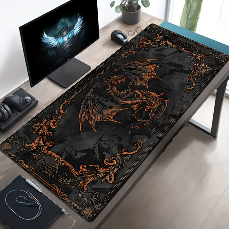 Gothic Black Dragon Design Gaming Mouse Pad - Large Polyester Desk Mat for Office & Home, Vibrant Orange & Golden Accents, Perfect Gift for Gamers, Mouse Pads for Desk