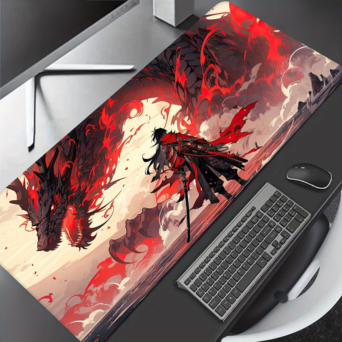 1pc Dragon Warrior Rubber Mouse Pad - Large, Washable, Non-Slip Surface with Dramatic Red & Black Dragon Design, Ideal for Office & Gaming Setup, Perfect Christmas & Halloween Gift, Gaming Desk Mat | Vibrant Desk Decor | Washable Rubber Mat, Dragon Decor
