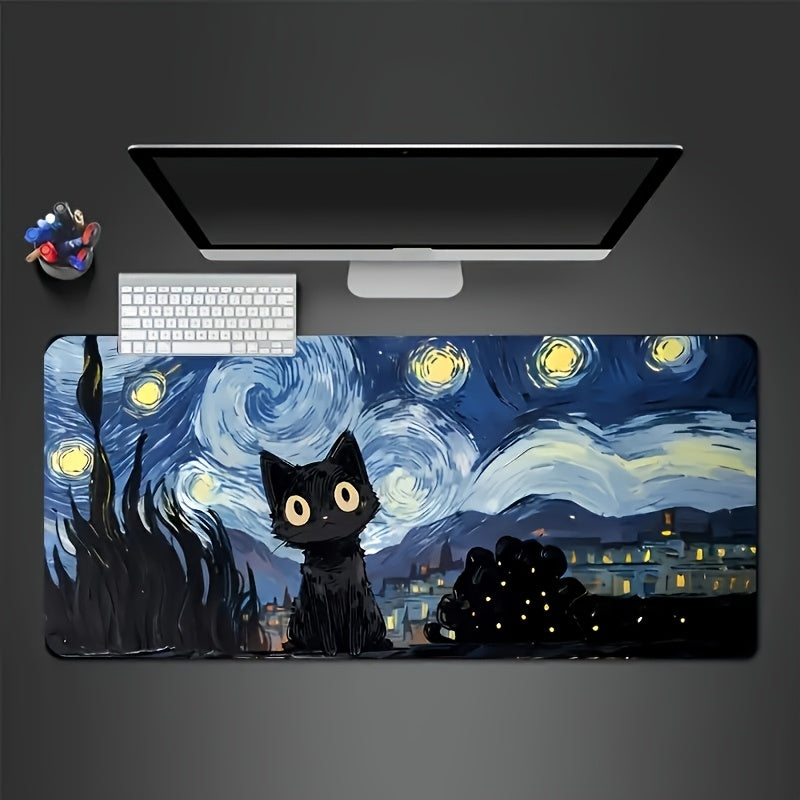 [1pc Van Gogh Art Mouse Pad] 1pc Large Van Gogh Starry Night Cat Abstract Art Mouse Pad | Rubber Base with Polyester Layers, Esports Keyboard Support, Artistic Design for Workspace & Gaming Office Mat