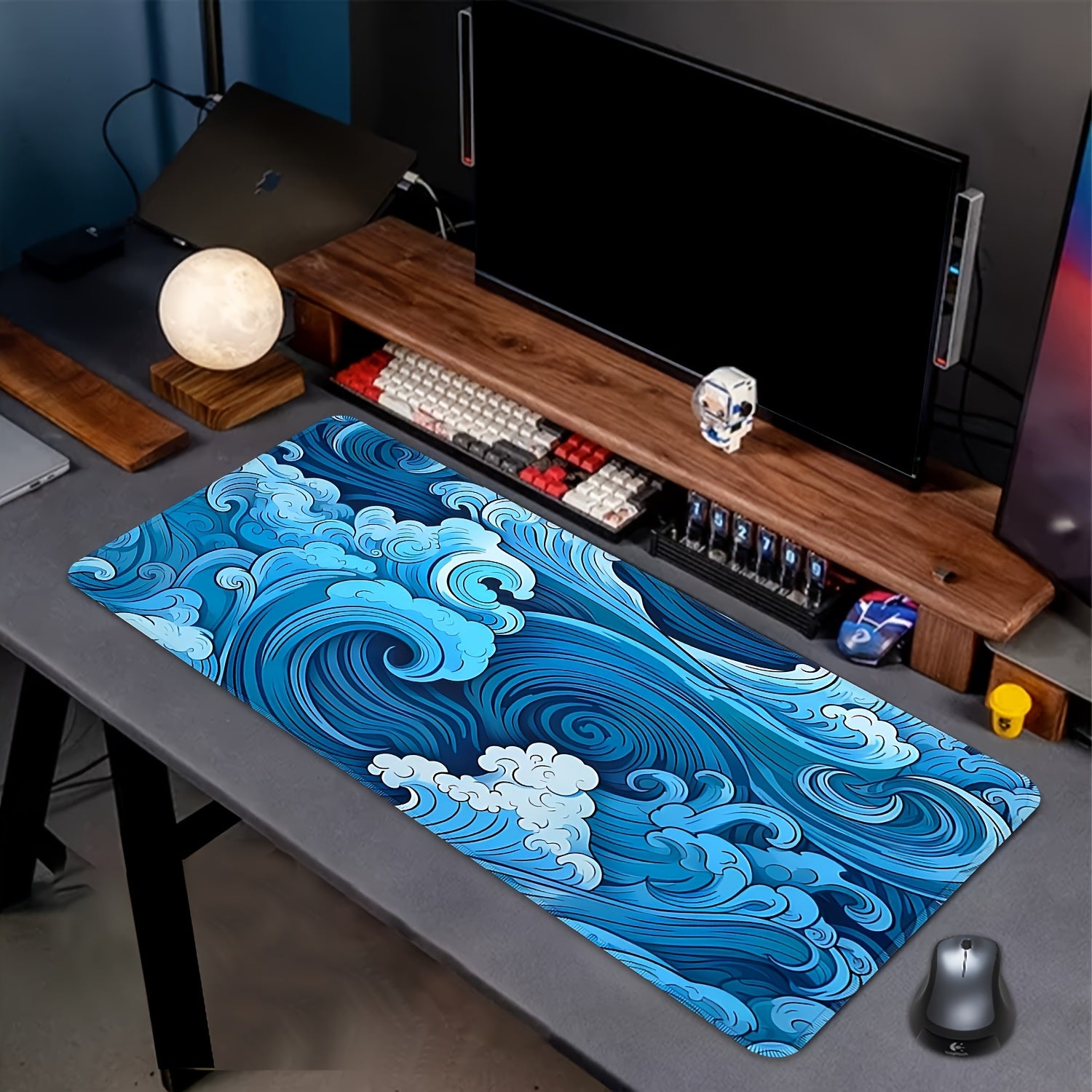 [Gaming Mouse Pad] Extra-Large Blue Ocean Waves Gaming Mouse Pad - Non-Slip, Waterproof, Thick Rubber Desk Mat for Office and Home Use, 90cm x 35.4inch, Vibrant Wave Design, Smooth Surface for Precision Control, Mouse Pads for Desk