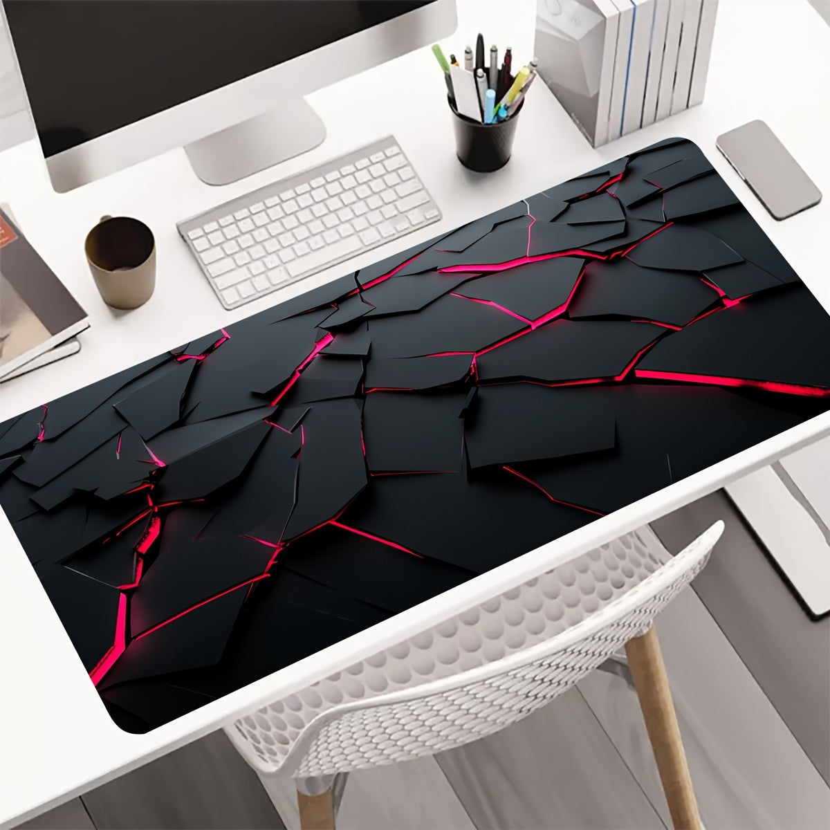 Large Geometric Abstract Mouse Pad - Non-Slip Rubber Base, Vibrant Red & Black Design, Extended Desktop Keyboard Mat for Gaming & Office Use - Perfect Birthday Gift for Friends, Study Space Essentials | Modern Workspace Accessory | Durable Surface Mat, Mo