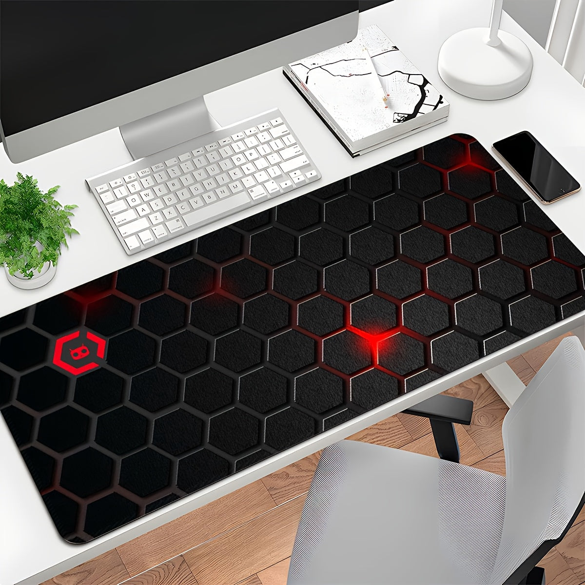 Large Extended Thick Ergonomic Gaming Mouse Pad & Desk Mat - Non-Slip Rubber Base, Hexagonal Texture Surface with Red Glow Edge, Black Oblong Shape for PC/Laptop, Office & Home Computer Accessories - Ideal Gift for Gamers, Extra Extra Large Mouse Pad, Gam