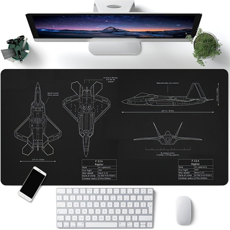 F-22A Raptor Blueprint Large Mouse Pad - Non-Slip Rubber Base, HD Printing, Smooth Surface for Gaming, Office, and Anime Use, Extended Desktop Mat with Detailed Aircraft Design, Gaming Mouse Pad