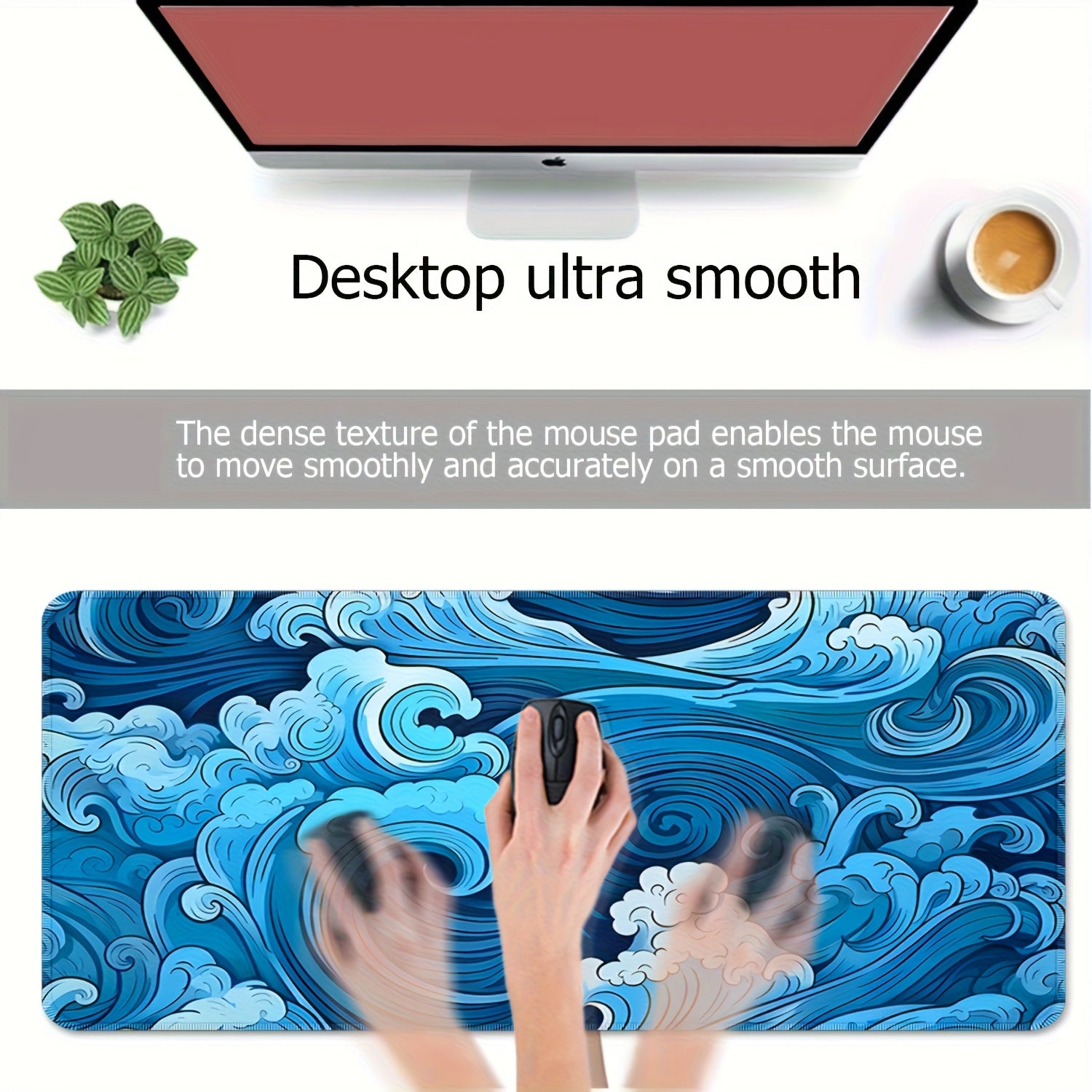 [Gaming Mouse Pad] Extra-Large Blue Ocean Waves Gaming Mouse Pad - Non-Slip, Waterproof, Thick Rubber Desk Mat for Office and Home Use, 90cm x 35.4inch, Vibrant Wave Design, Smooth Surface for Precision Control, Mouse Pads for Desk