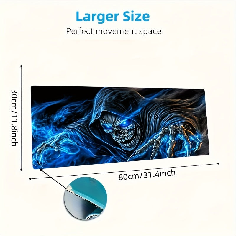 [Fantasy Gaming Mouse Pad] Large Fantasy-Themed Grim Reaper Skull Gaming Mouse Pad | Non-Slip Rubber Base, Smooth Surface for Office, Laptop, or Gaming Setup, Blue Flames & Dark Hooded Figure 30x80cm(11.8x31.4in)