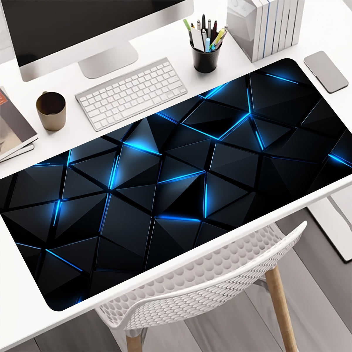 Large Tech-Themed 3D Gaming Mouse Pad with Blue Geometric Design, Non-Slip Rubber Base, Precision Edges - Futuristic Desk Mat for Laptop & Keyboard, Office Accessory, Mouse Pads for Desk 40x90cm(15.7x35.4inch)
