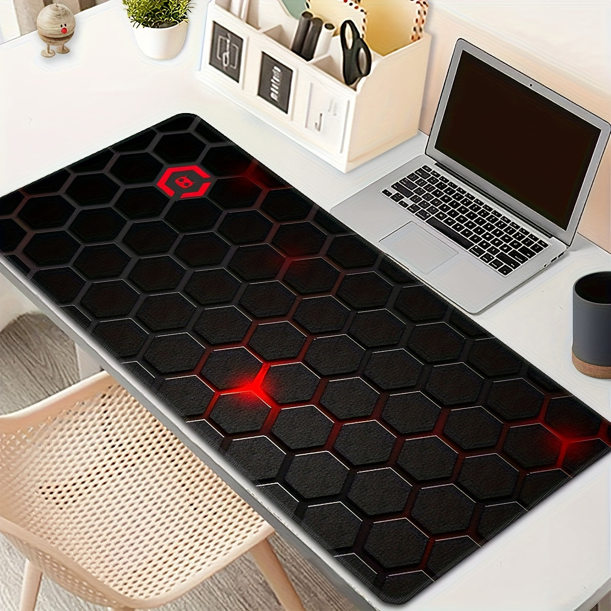 Large Extended Thick Ergonomic Gaming Mouse Pad & Desk Mat - Non-Slip Rubber Base, Hexagonal Texture Surface with Red Glow Edge, Black Oblong Shape for PC/Laptop, Office & Home Computer Accessories - Ideal Gift for Gamers, Extra Extra Large Mouse Pad, Gam