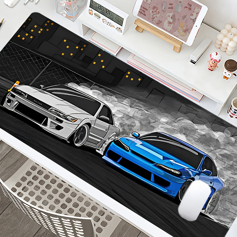 Drift S13 And S15 JDM Car Large Mouse Pad - Non-Slip Rubber Base, Stitched Edge, 31.5*15.7in, Black, For Gaming, Work, Office, Home, 1pc