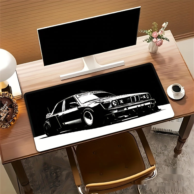 [Gaming Mouse Pad] Large Black & White Car Design Gaming Mouse Pad with Non-Slip Rubber Base, Precision Stitched Edges - Waterproof Desk Mat for Office and Gaming Use, Large Mouse Pads for Desk