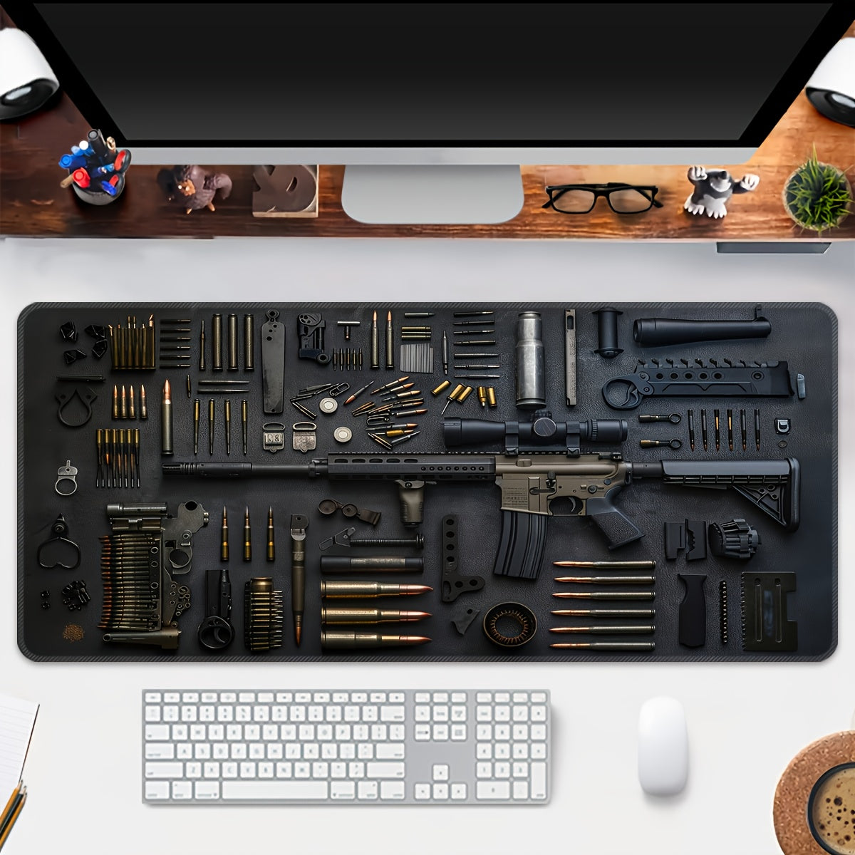 Extra Large Gaming Mouse Pad & Extended Desk Mat - Tactical Military Design with Realistic Gun & Ammo Layout, Non-Slip Rubber Base, Washable Faux Leather Surface, Durable Office & Gaming Mat for PC, Computer, Workstation Accessories, Extra Extra Large Mou