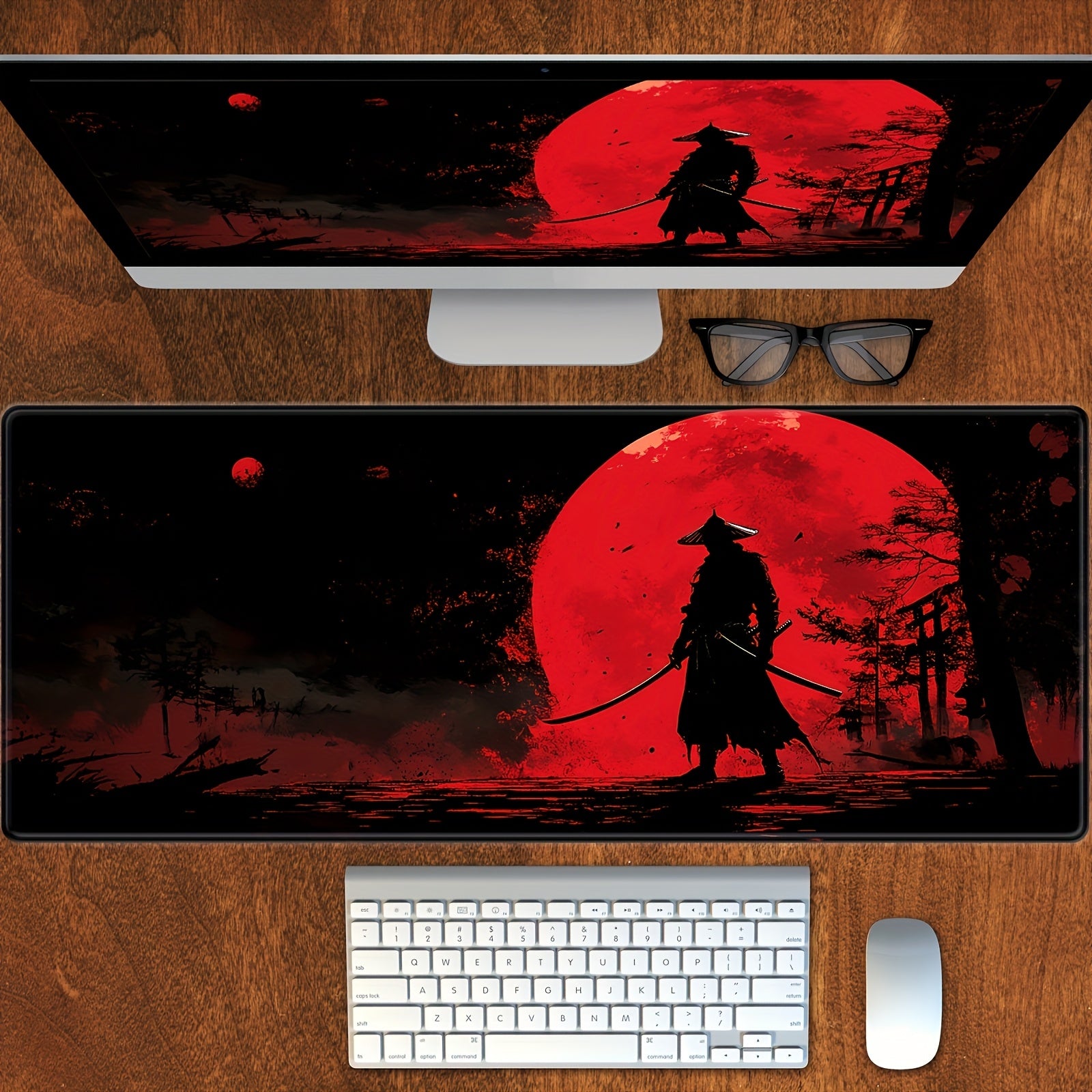 Large Gaming Mouse Pad with Japanese Samurai & Red Moon Design - Non-Slip Rubber Base, Extended Desk Mat for PC, Laptop, Office & Gaming Setup, Durable Office Workspace Mat with Striking Visuals