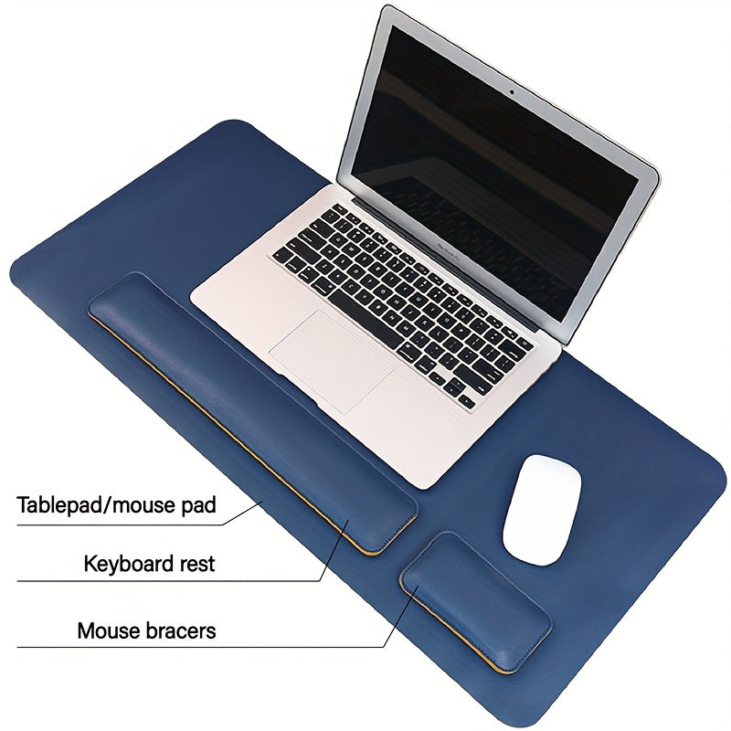 [Non-Slip Desk Mat Set] Three-Piece Large Computer Desk Mat Set, Non-Slip Mouse Pad + Keyboard Pad + Wrist Rest, Office Computer Desk Anti-Slip Protective Mat Double-Sided Faux Leather Mouse and Wrist Support Pad for Laptops, Mechanical Keyboards, Wrist S