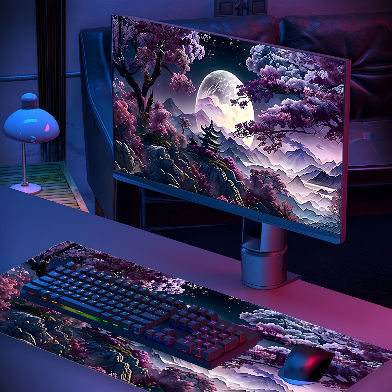 Large Cherry Blossom Landscape Mouse Pad & Gaming Desk Mat - Non-Slip Rubber Base, Thick Stitched Edges, Vibrant Night Sky Mountain Moon Design for Home Office & Gaming, Durable Gift for Birthdays Christmas (No Battery Needed), Large Gaming Mouse Pad, Non