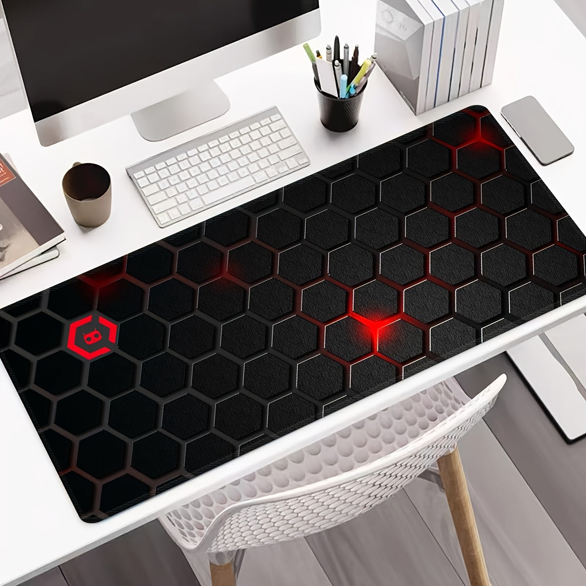 Large Extended Thick Ergonomic Gaming Mouse Pad & Desk Mat - Non-Slip Rubber Base, Hexagonal Texture Surface with Red Glow Edge, Black Oblong Shape for PC/Laptop, Office & Home Computer Accessories - Ideal Gift for Gamers, Extra Extra Large Mouse Pad, Gam