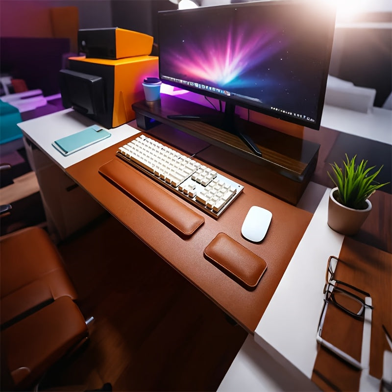 [Non-Slip Desk Mat Set] Three-Piece Large Computer Desk Mat Set, Non-Slip Mouse Pad + Keyboard Pad + Wrist Rest, Office Computer Desk Anti-Slip Protective Mat Double-Sided Faux Leather Mouse and Wrist Support Pad for Laptops, Mechanical Keyboards, Wrist S Orange three-piece set (mouse pad + keyboard tray + mouse wrist rest)