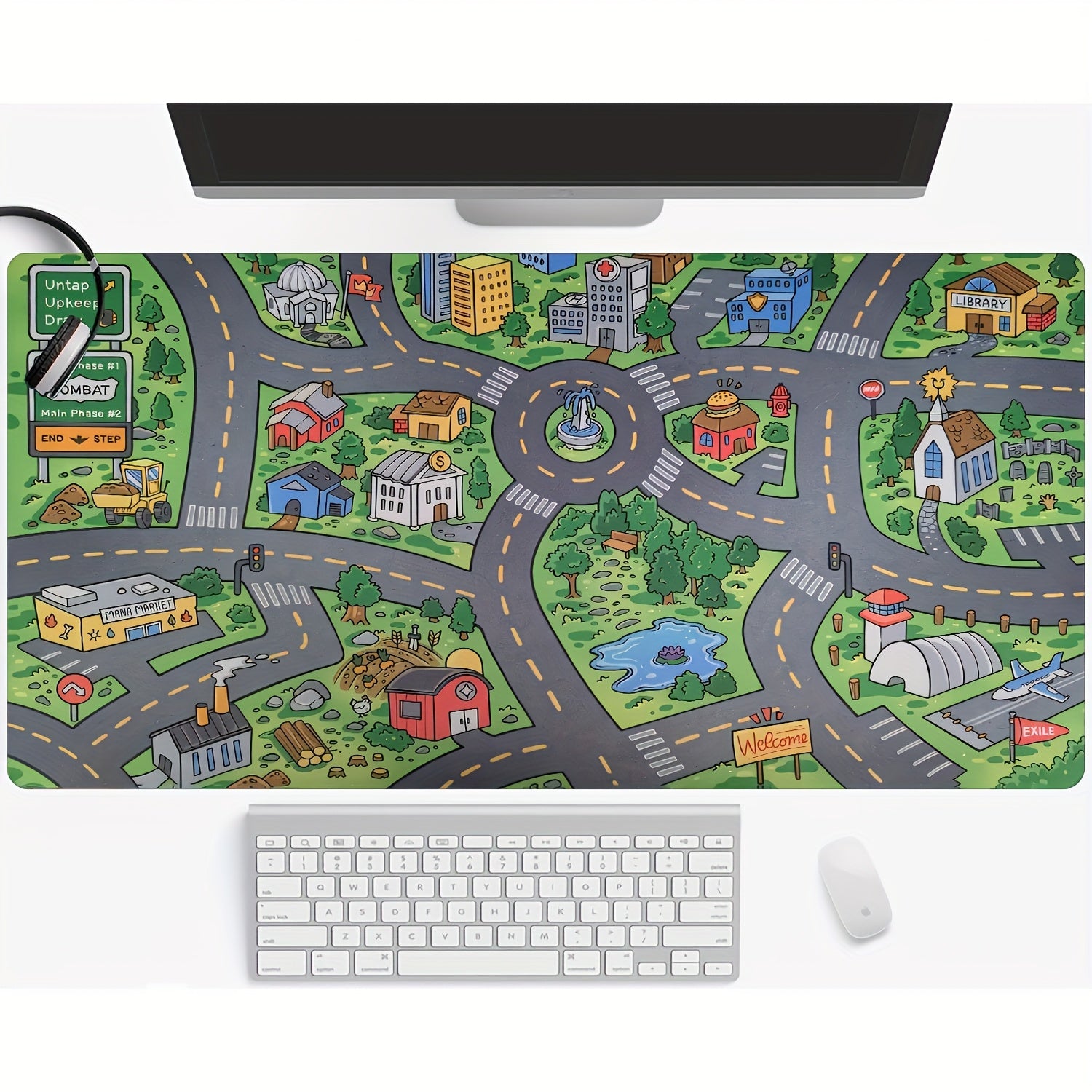 1pc Cartoon City Street Large Mouse Pad - Ultra-Smooth Desk Mat with Stitched Edges, Non-Slip Waterproof Rubber Base, Vibrant Urban Map Design for Office and Home Workspace Setup, Mouse Pads for Desk