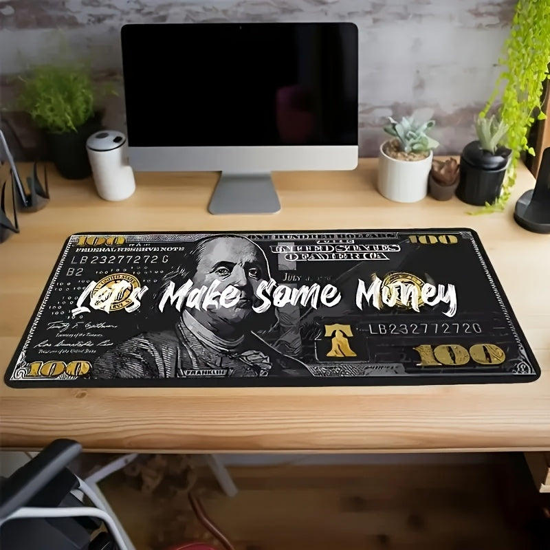 Large "Let's Make Some Money" Dollar Abstract Art Gaming Mouse Pad & Keyboard Mat - Benjamin Franklin Design with Golden Accents, Federal Reserve Inspired Office & Esports Desk Mat for PC, Computer, Workstation Accessories