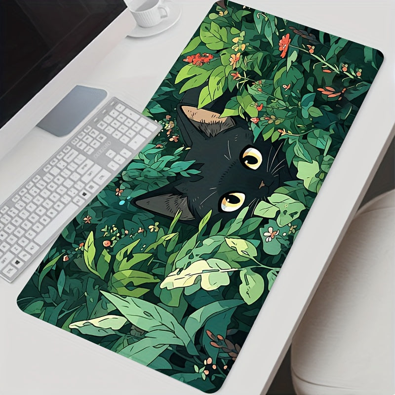 Large Black Cat Gaming Mouse Pad - Rubber Base Desk Mat with Lush Greenery Design, Stitched Edges, 89.92x39.88 cm - Perfect for Office and Home Use, Gaming Desk Accessory | Lush Greenery Design | Durable Mouse Pad, Mouse Pads for Des
