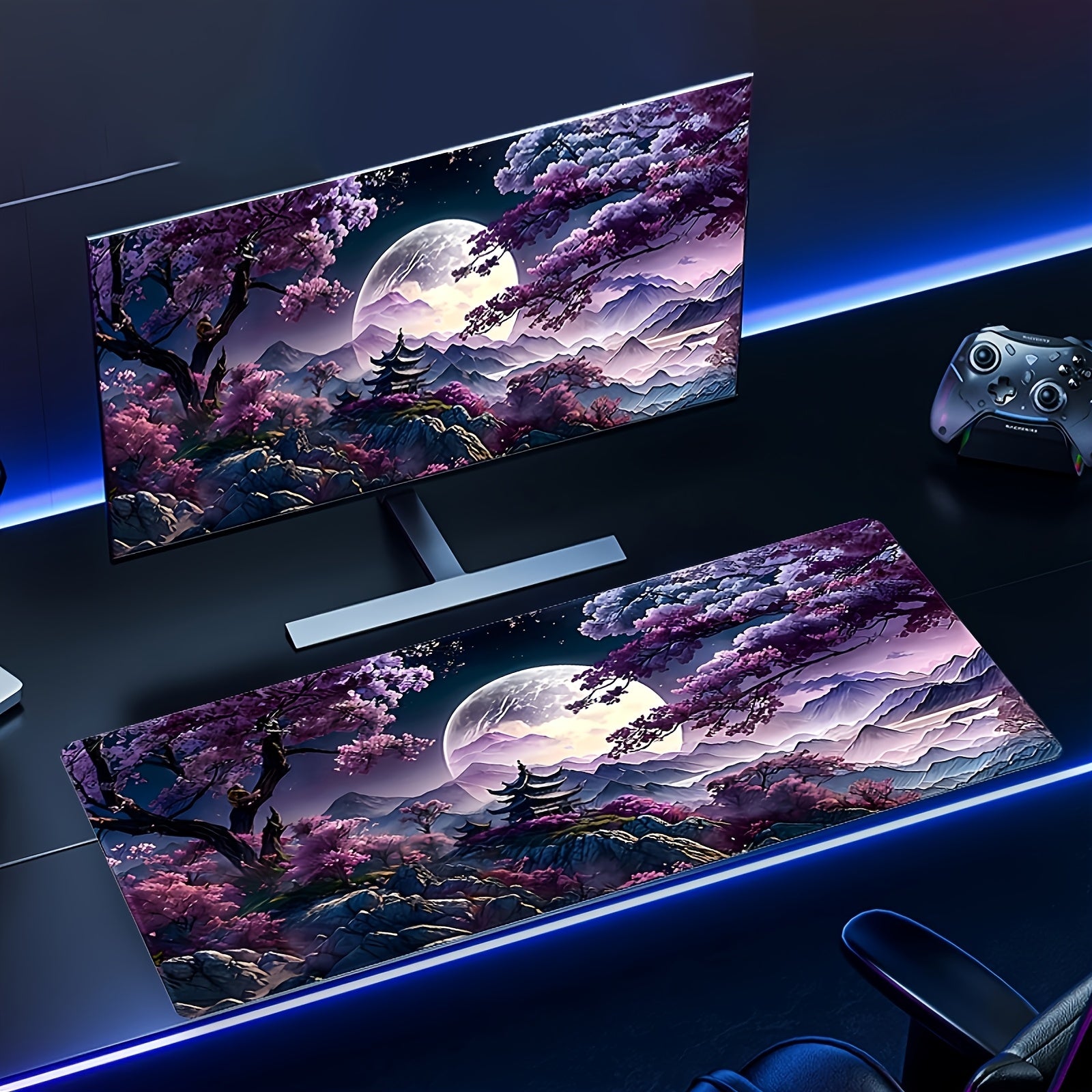 Large Cherry Blossom Landscape Mouse Pad & Gaming Desk Mat - Non-Slip Rubber Base, Thick Stitched Edges, Vibrant Night Sky Mountain Moon Design for Home Office & Gaming, Durable Gift for Birthdays Christmas (No Battery Needed), Large Gaming Mouse Pad, Non