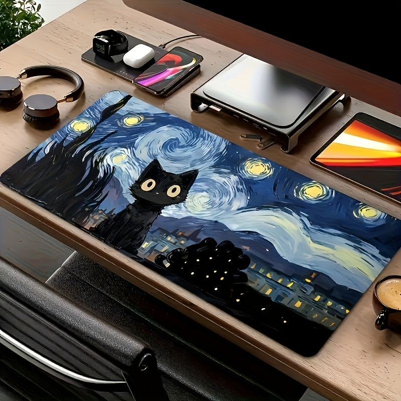 [1pc Van Gogh Art Mouse Pad] 1pc Large Van Gogh Starry Night Cat Abstract Art Mouse Pad | Rubber Base with Polyester Layers, Esports Keyboard Support, Artistic Design for Workspace & Gaming Office Mat