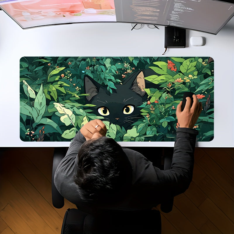 Large Black Cat Gaming Mouse Pad - Rubber Base Desk Mat with Lush Greenery Design, Stitched Edges, 89.92x39.88 cm - Perfect for Office and Home Use, Gaming Desk Accessory | Lush Greenery Design | Durable Mouse Pad, Mouse Pads for Des