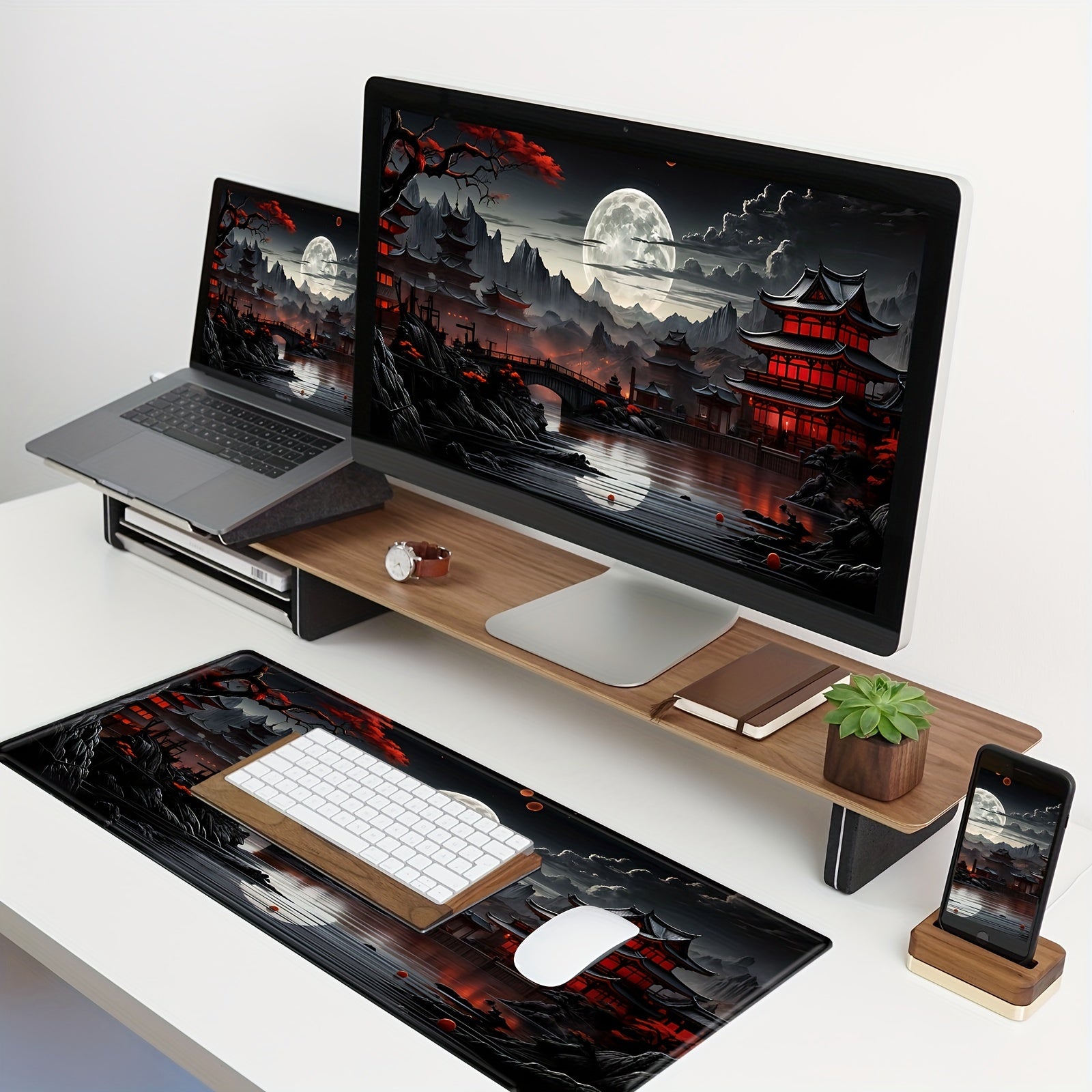 BHJLAXR Extended Gaming Mouse Pad - Japanese Riverside Full Moon Desk Mat, Non-Slip Rubber Base, Durable Natural Rubber XXL Mousepad, Large Keyboard and Laptop Mat for Office Decor, Black Red Design