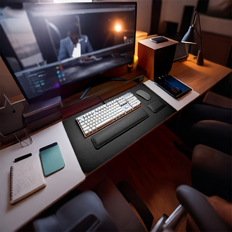 [Non-Slip Desk Mat Set] Three-Piece Large Computer Desk Mat Set, Non-Slip Mouse Pad + Keyboard Pad + Wrist Rest, Office Computer Desk Anti-Slip Protective Mat Double-Sided Faux Leather Mouse and Wrist Support Pad for Laptops, Mechanical Keyboards, Wrist S