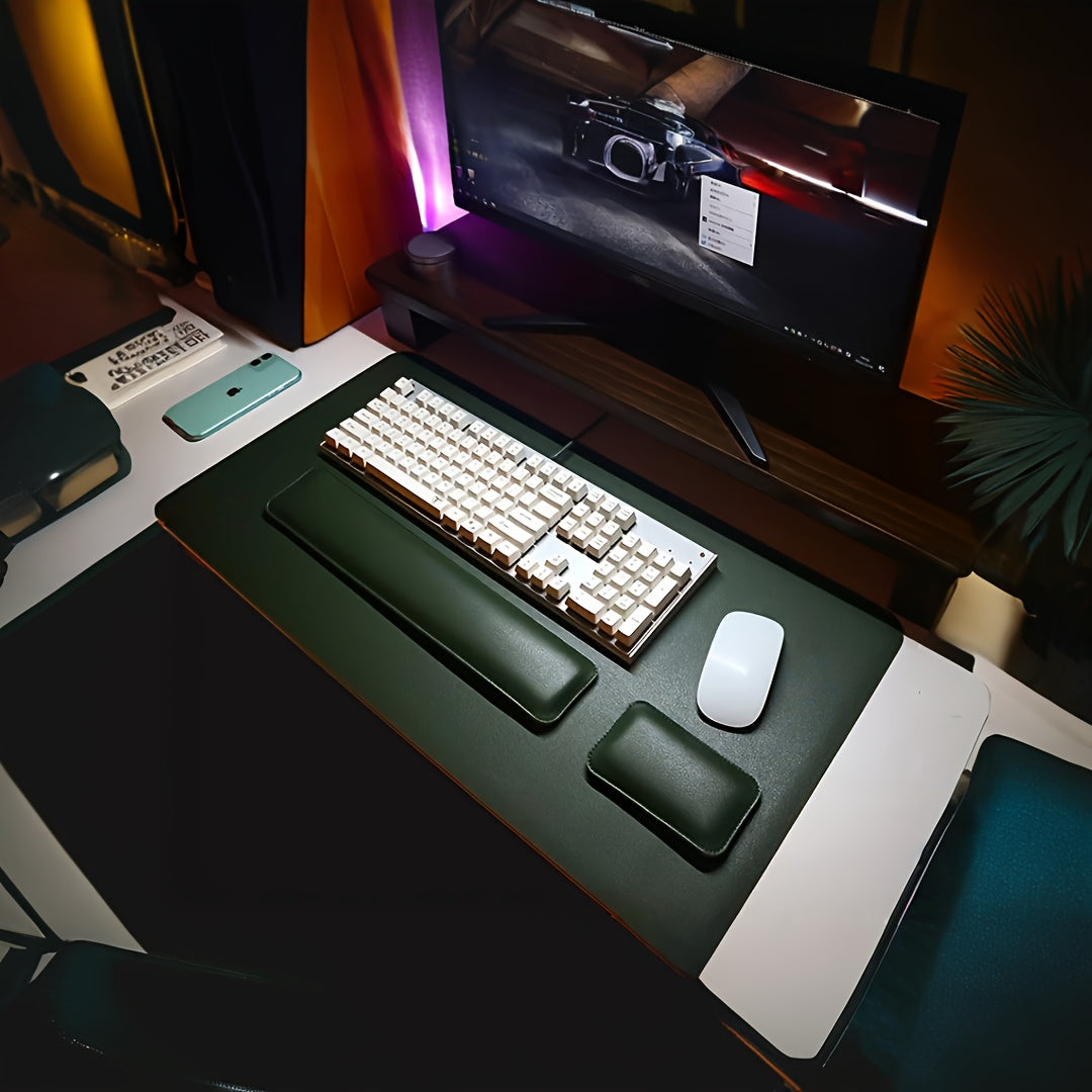 [Non-Slip Desk Mat Set] Three-Piece Large Computer Desk Mat Set, Non-Slip Mouse Pad + Keyboard Pad + Wrist Rest, Office Computer Desk Anti-Slip Protective Mat Double-Sided Faux Leather Mouse and Wrist Support Pad for Laptops, Mechanical Keyboards, Wrist S Green three-piece set (mouse pad + keyboard tray + mouse wrist rest)