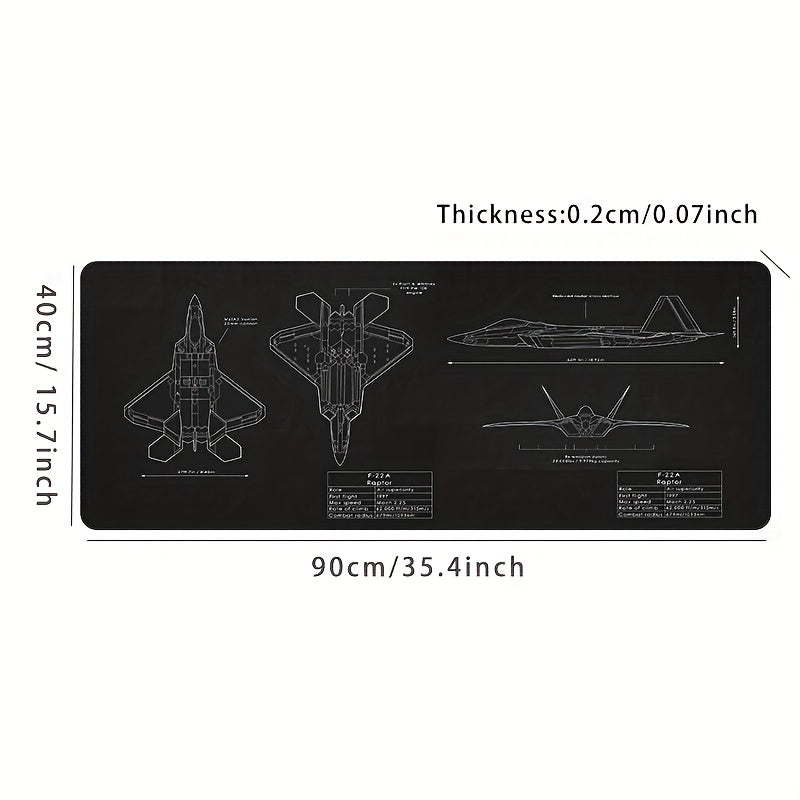 F-22A Raptor Blueprint Large Mouse Pad - Non-Slip Rubber Base, HD Printing, Smooth Surface for Gaming, Office, and Anime Use, Extended Desktop Mat with Detailed Aircraft Design, Gaming Mouse Pad