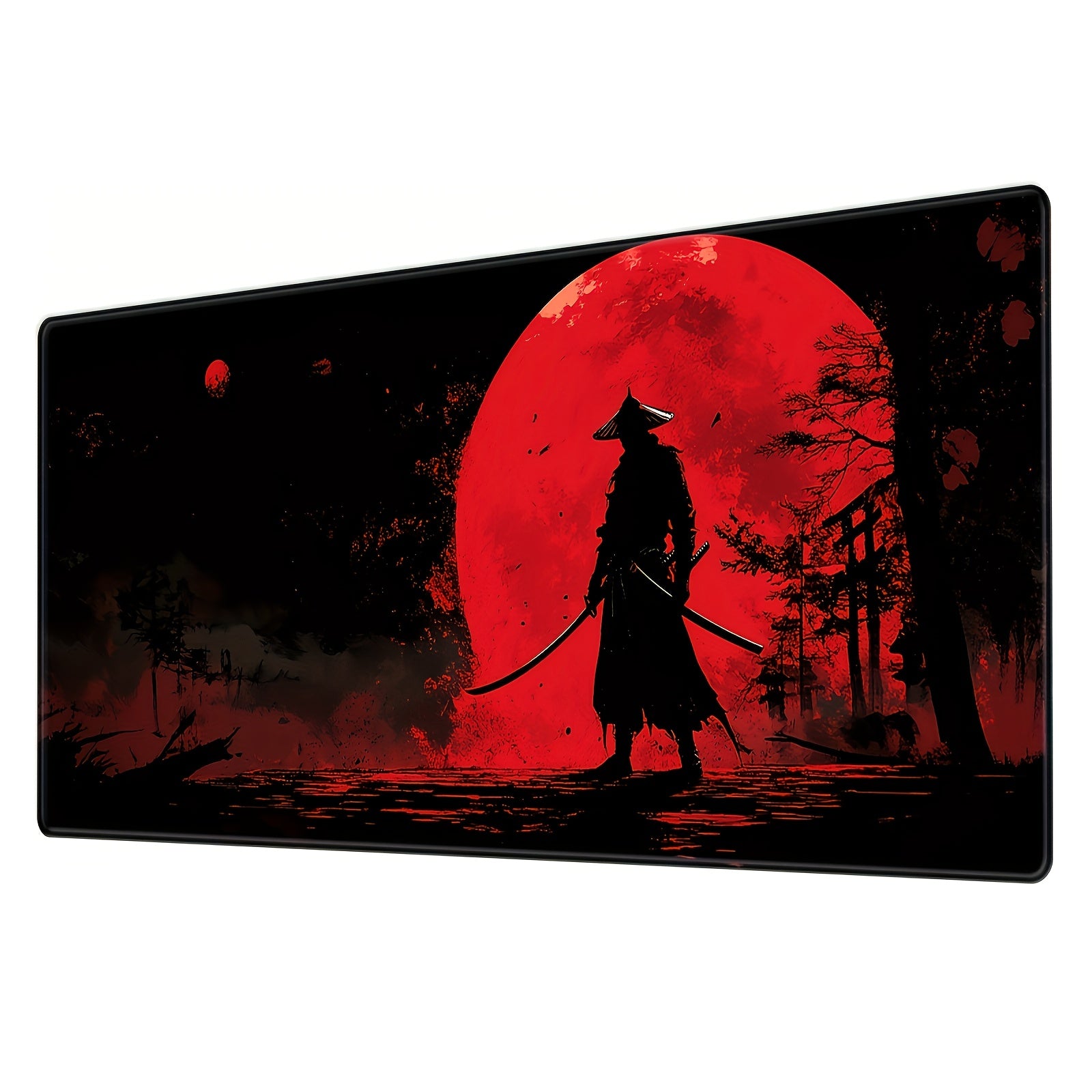Large Gaming Mouse Pad with Japanese Samurai & Red Moon Design - Non-Slip Rubber Base, Extended Desk Mat for PC, Laptop, Office & Gaming Setup, Durable Office Workspace Mat with Striking Visuals
