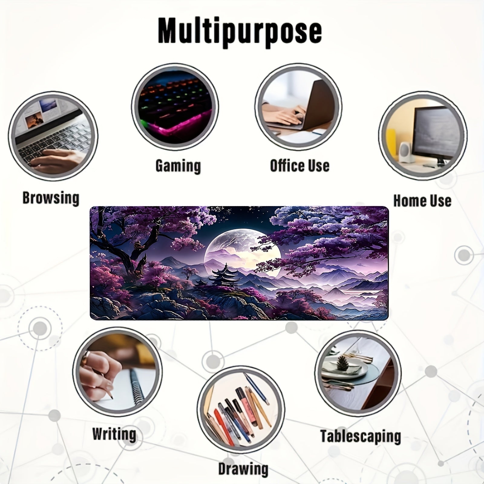 Large Cherry Blossom Landscape Mouse Pad & Gaming Desk Mat - Non-Slip Rubber Base, Thick Stitched Edges, Vibrant Night Sky Mountain Moon Design for Home Office & Gaming, Durable Gift for Birthdays Christmas (No Battery Needed), Large Gaming Mouse Pad, Non