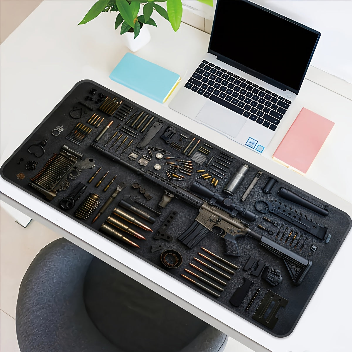 Extra Large Gaming Mouse Pad & Extended Desk Mat - Tactical Military Design with Realistic Gun & Ammo Layout, Non-Slip Rubber Base, Washable Faux Leather Surface, Durable Office & Gaming Mat for PC, Computer, Workstation Accessories, Extra Extra Large Mou