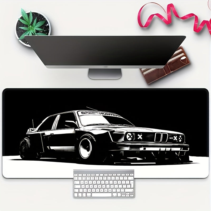 [Gaming Mouse Pad] Large Black & White Car Design Gaming Mouse Pad with Non-Slip Rubber Base, Precision Stitched Edges - Waterproof Desk Mat for Office and Gaming Use, Large Mouse Pads for Desk
