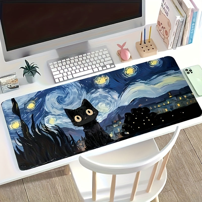 [1pc Van Gogh Art Mouse Pad] 1pc Large Van Gogh Starry Night Cat Abstract Art Mouse Pad | Rubber Base with Polyester Layers, Esports Keyboard Support, Artistic Design for Workspace & Gaming Office Mat