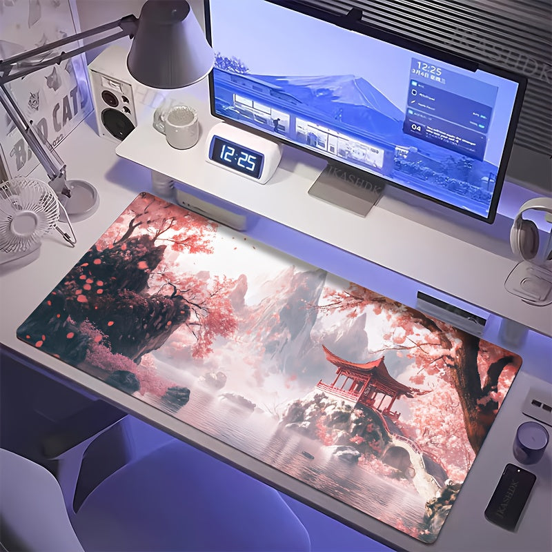 1pc Large Chinese Ink Painting Desk Mat - Non-Slip Rubber Base, Ergonomic Wrist Support, Cherry Blossoms, Pagodas, Misty Mountains - Traditional Asian Art Mouse Pad for Office, Gaming, Home - Compatible with PC, Laptop, Tablet - Ideal Gift for Artists & A