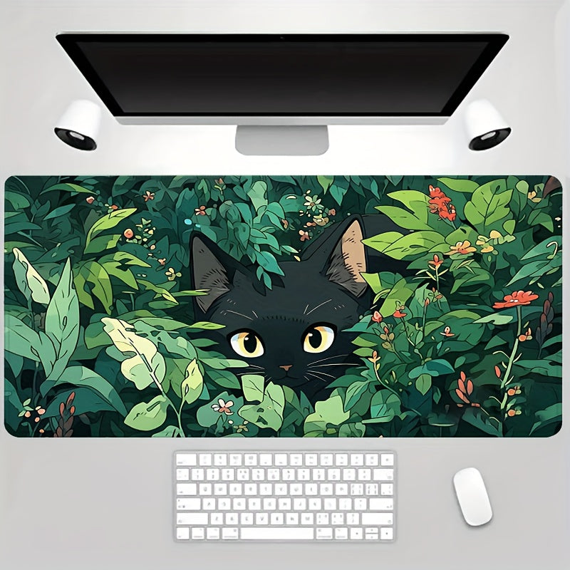 Large Black Cat Gaming Mouse Pad - Rubber Base Desk Mat with Lush Greenery Design, Stitched Edges, 89.92x39.88 cm - Perfect for Office and Home Use, Gaming Desk Accessory | Lush Greenery Design | Durable Mouse Pad, Mouse Pads for Des