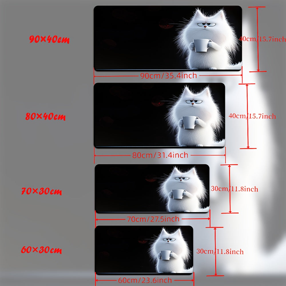 XXL Cute White Cat HD Printed Desk Mat & Gaming Mousepad - Large Non-Slip Surface with Fluffy Cat Design, Durable Rubber Base for Office, Home, PC Gaming - Perfect Gift for Cat Lovers, Gamers & Tech Enthusiasts, Work From Home, Home Workspace, Playful Pat