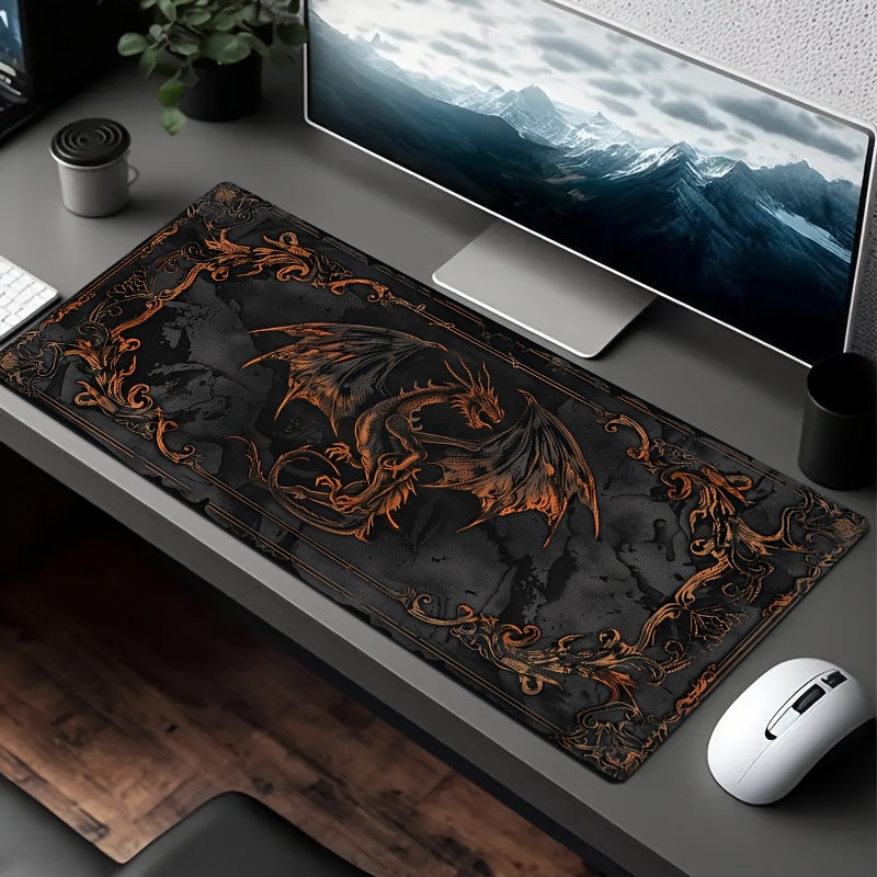 Gothic Black Dragon Design Gaming Mouse Pad - Large Polyester Desk Mat for Office & Home, Vibrant Orange & Golden Accents, Perfect Gift for Gamers, Mouse Pads for Desk 30x70cm (11.8x27.5in)